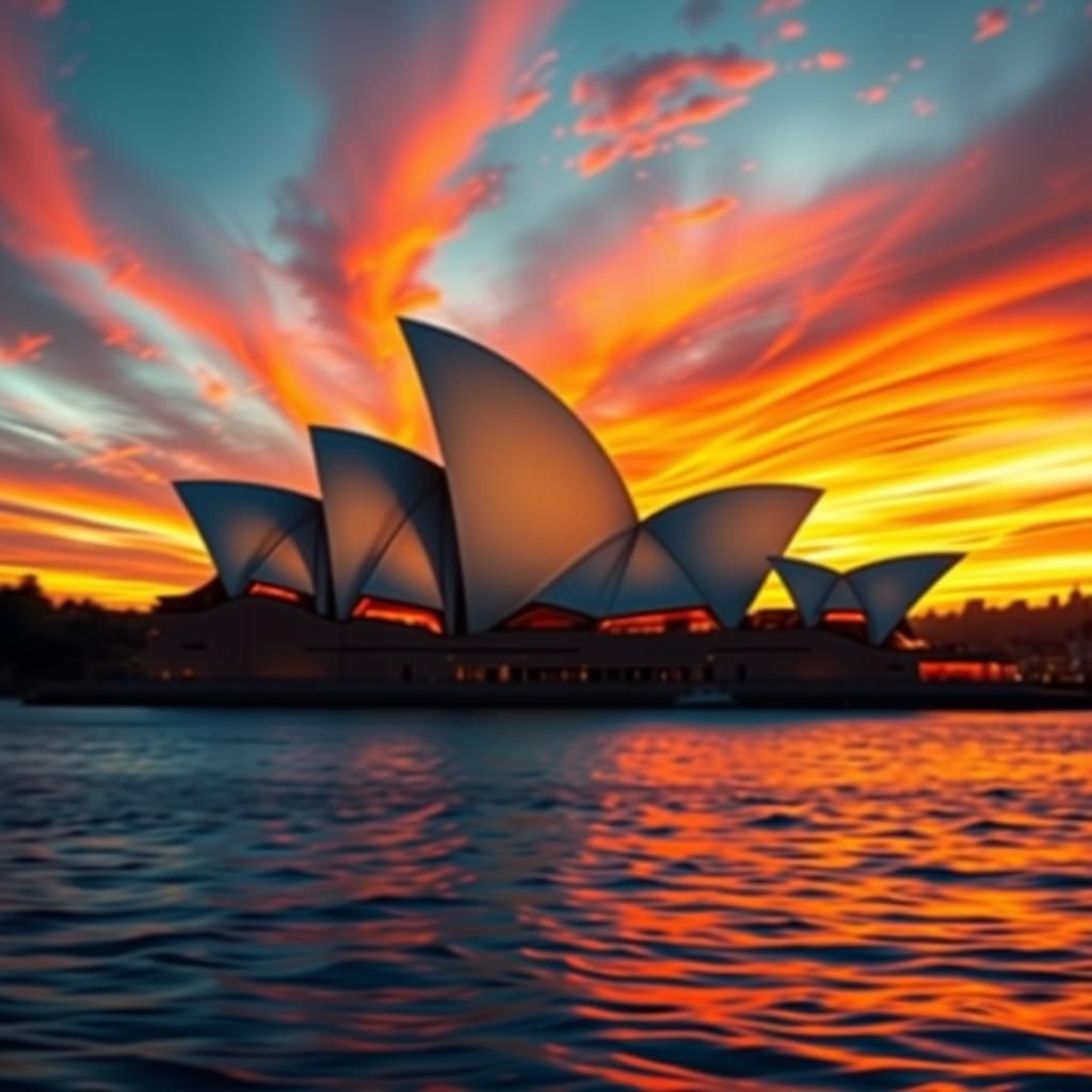 Sydney Opera House Sunset: Hyperrealistic Splash Art