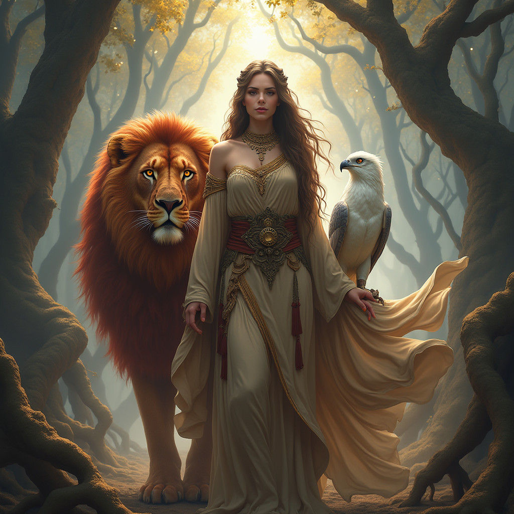 Regal Woman with Lion and Eagle in Fantasy Landscape
