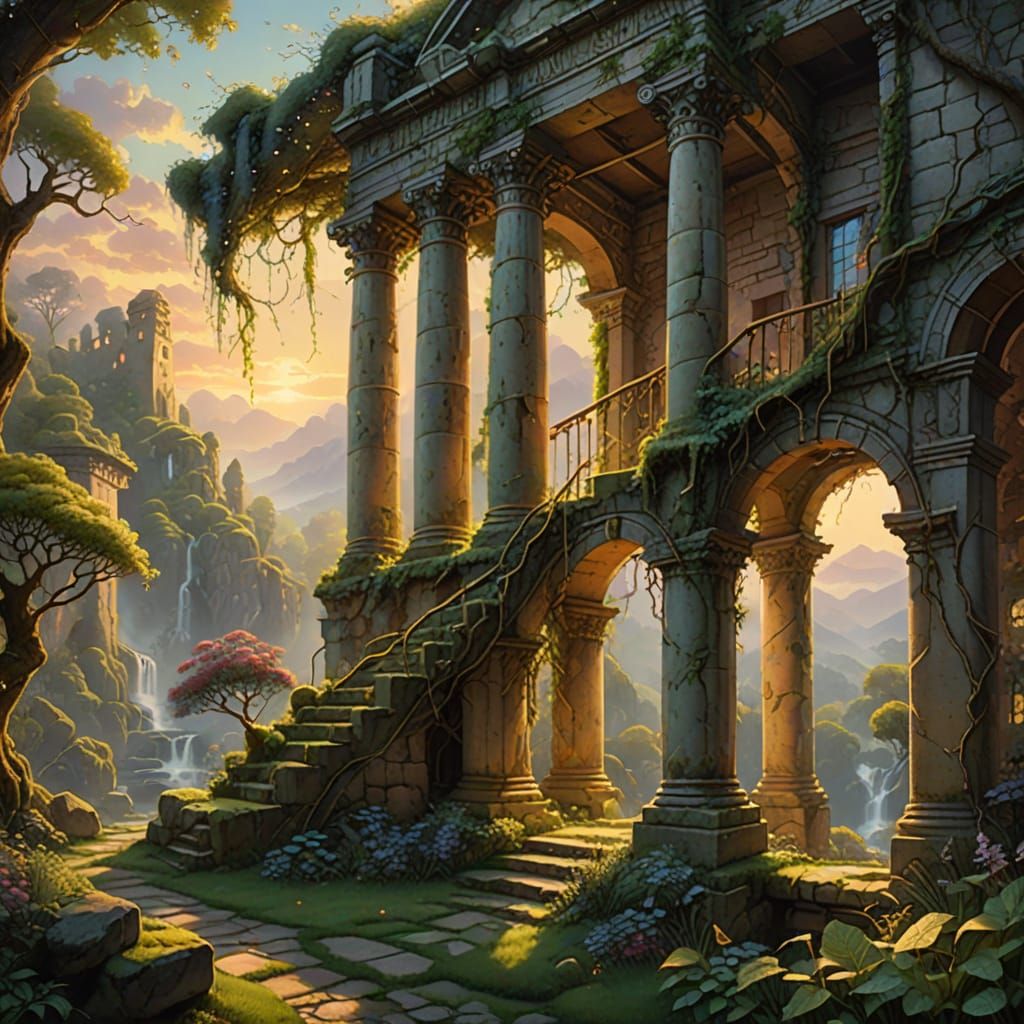 Ethereal Mist Over Roman Ruins in Golden Hour Light