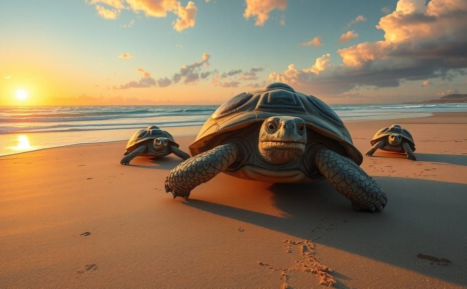Gentle Giant Turtle Family Enters the Ocean at Sunset