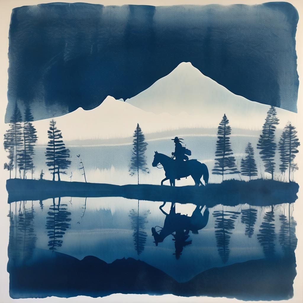 Cyanotype Landscape: Native American on Horseback