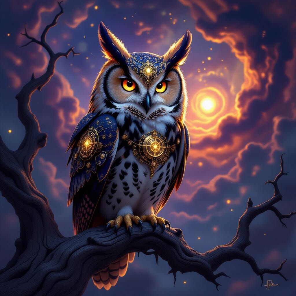 Clockwork Owl in Nebula, Dark Fantasy Steampunk Art