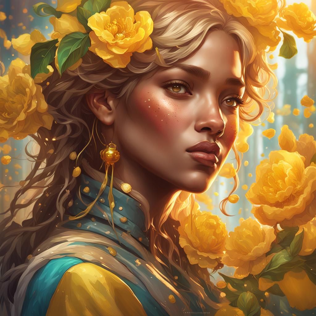 Honey Lemon Flower Portrait in Detailed Digital Art