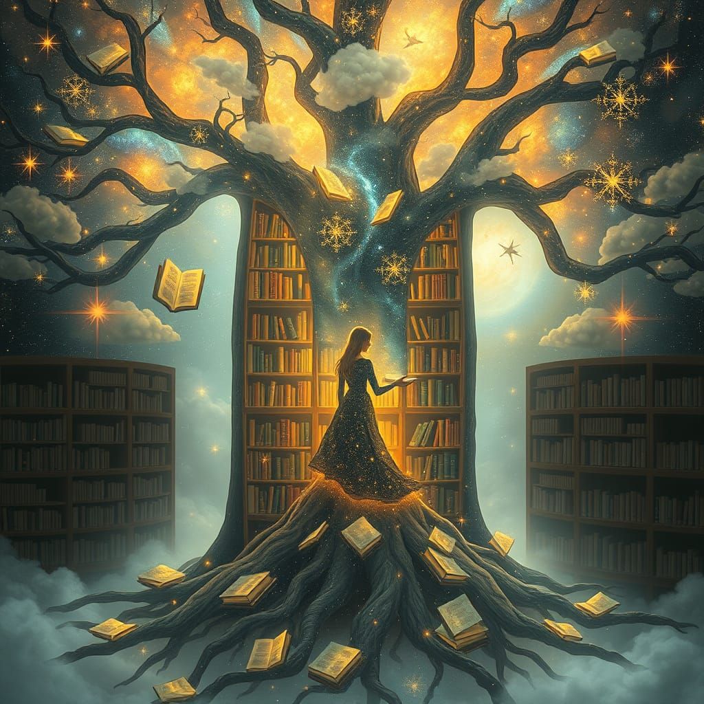 Celestial Librarian Amidst a Glowing Tree of Cosmic Knowledg...