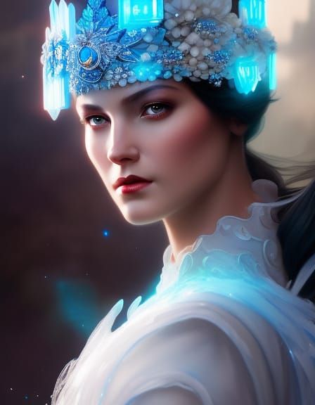 Ice Queen Portrait with Glowing Eyes, Watercolor Style