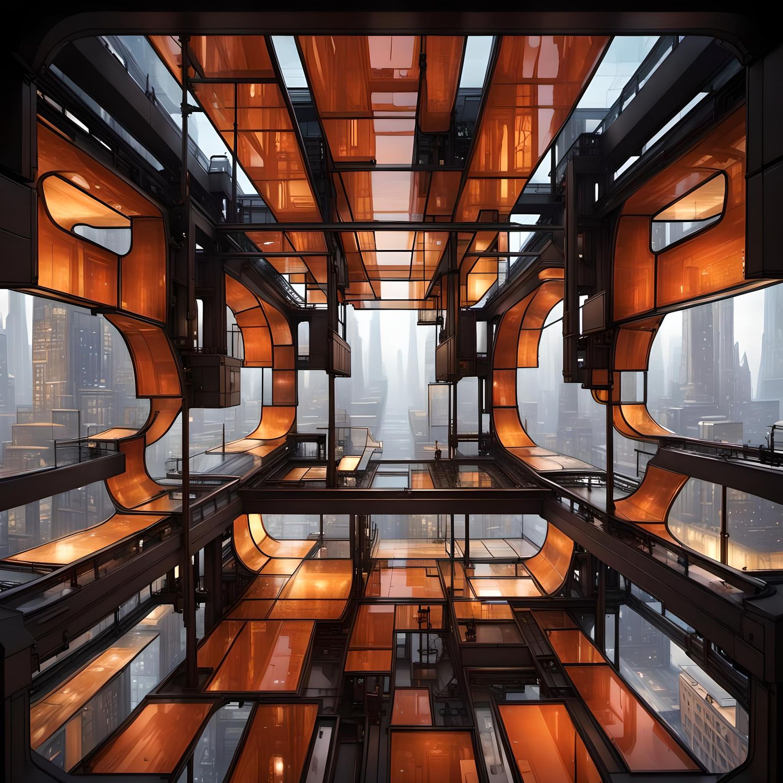 Futuristic Steampunk City in Glass Cube