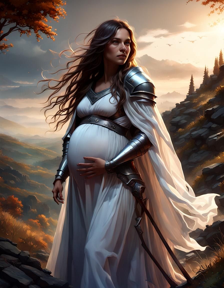 Pregnant Knight on Hillside: Dark Fantasy Concept Art