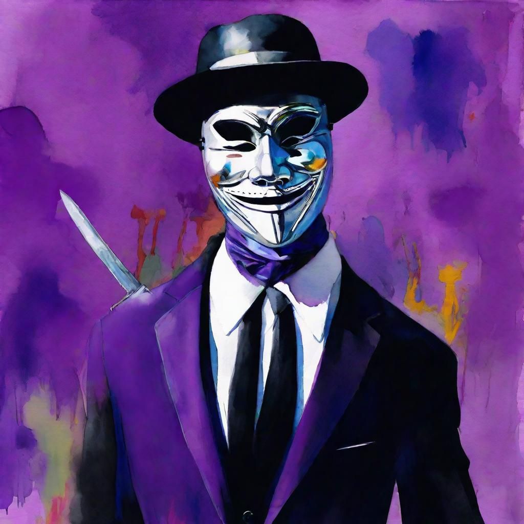 Man in Black Suit with Silver Swords, Gouache Style