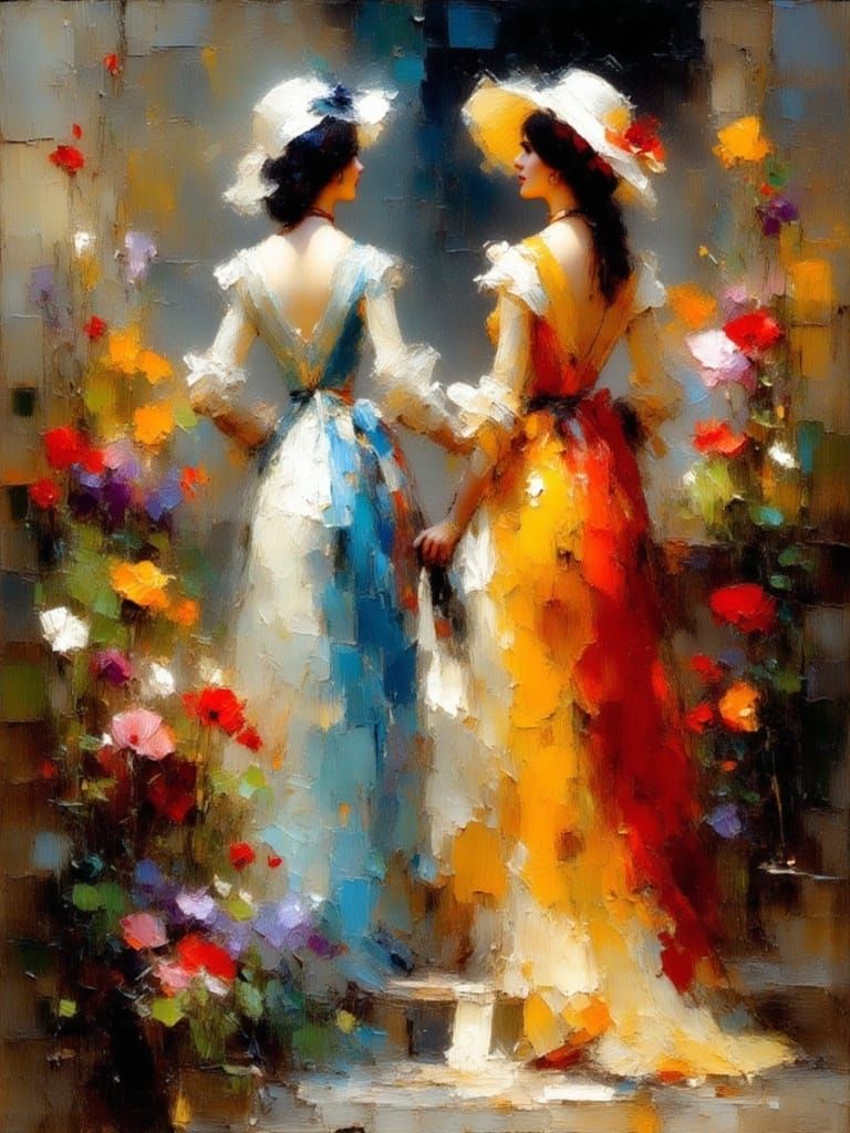 Parisian Garden Scene in Impasto Style