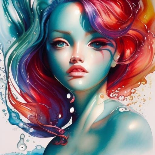 Teal Fluid Hair in Watercolor Gouache Style