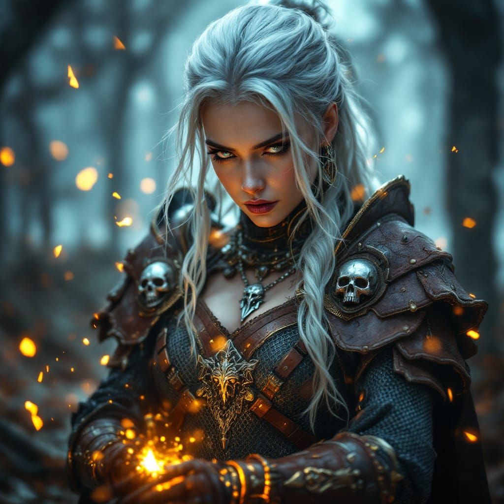 Steampunk Warrior Woman with Snow-White Hair in Dark Forest