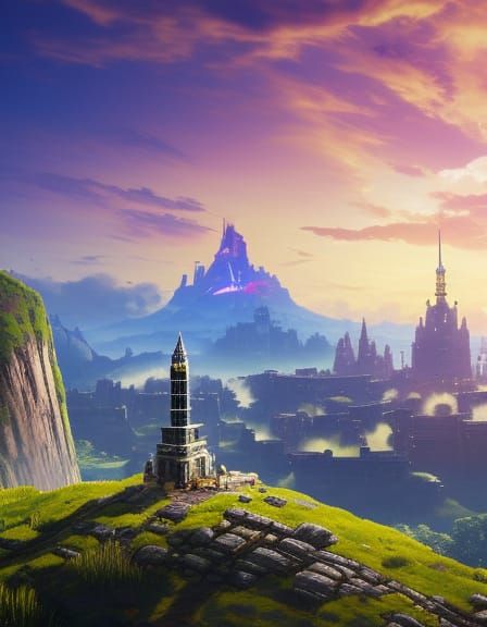 A wizards tower rising up out of the landscape, Ornate architecture, Fantasy tower, Spires, Stairs, Atmosphere, Dramatic...