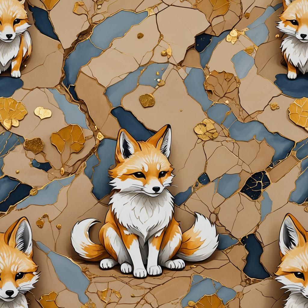 Kawaii Kitsune in Kalahari Desert with Kintsugi