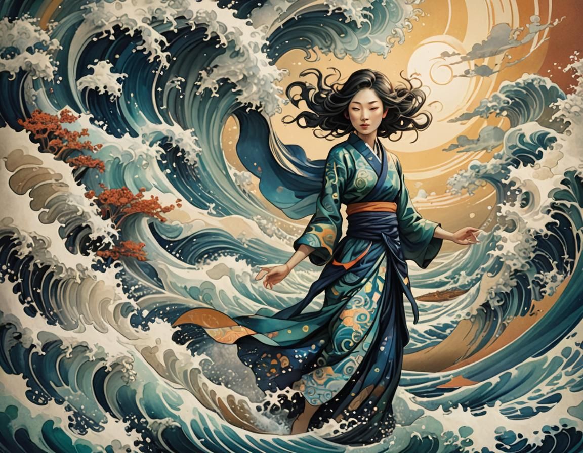 Iridescent Seascape with Woman, Hokusai Style