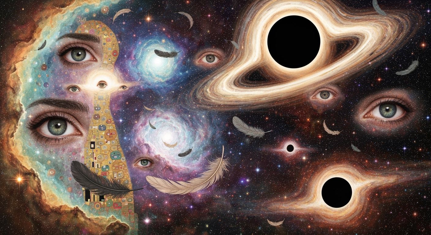 Epic Nebulas with Eyes and Feathers in Klimt Style