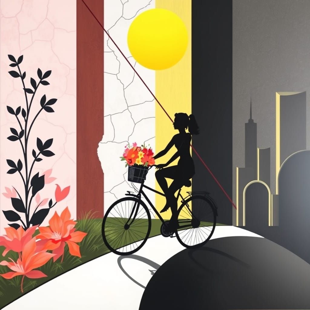 Abstract Silhouette Artwork of a Woman Cycling with Flowers
