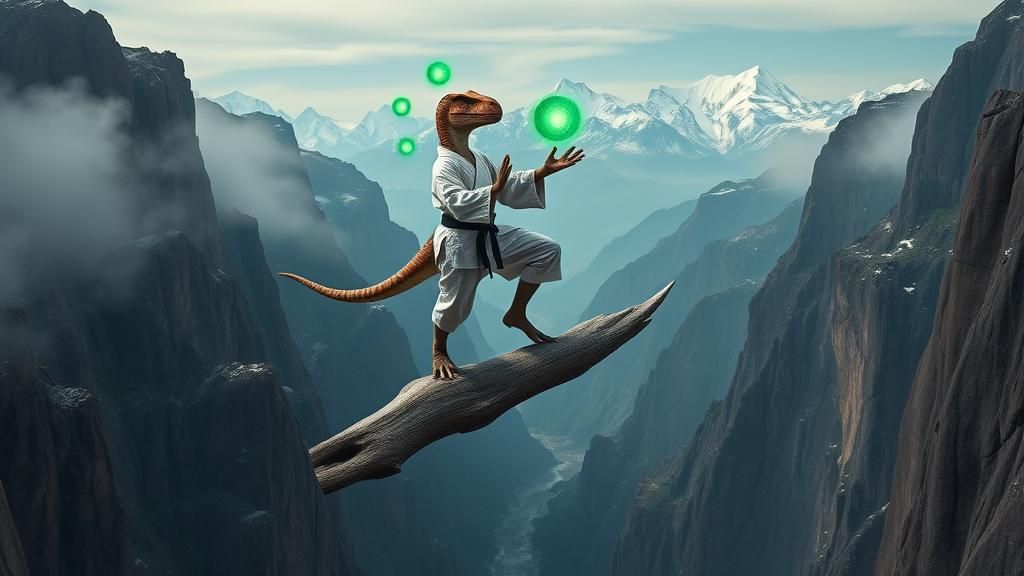 Karate Raptor Balances Above Chasm in Dark Fantasy