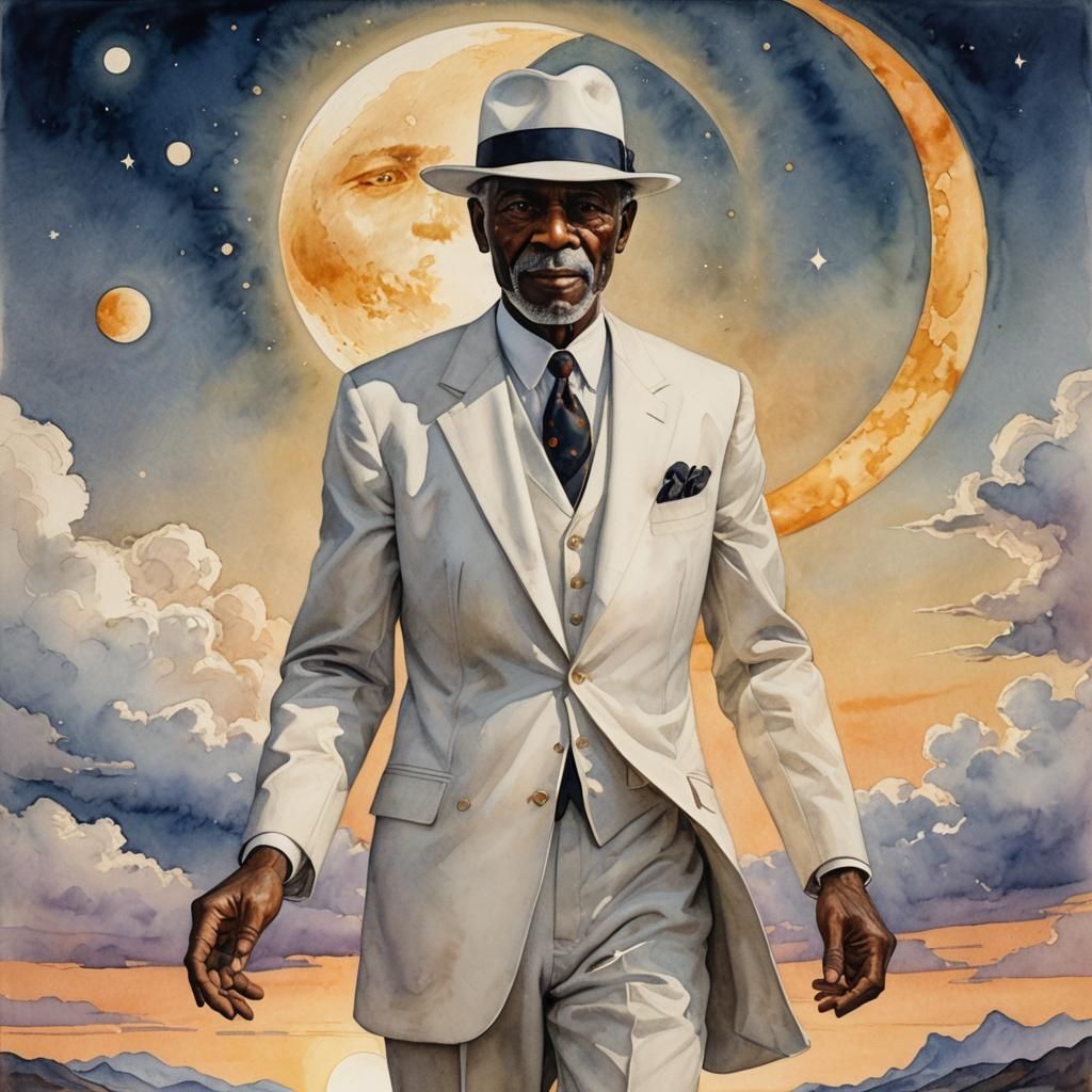 Dapper Gentleman Balances Sun and Moon in Watercolor