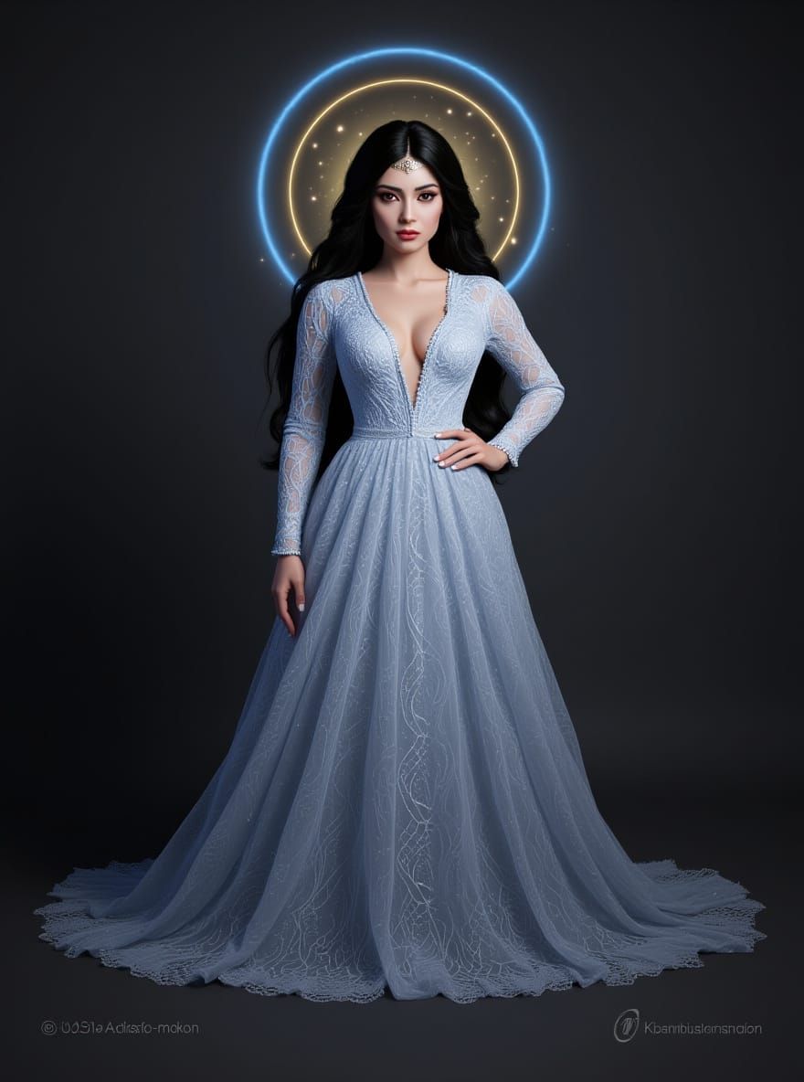 Woman Ascends in Starlight Gown with Divine Aura