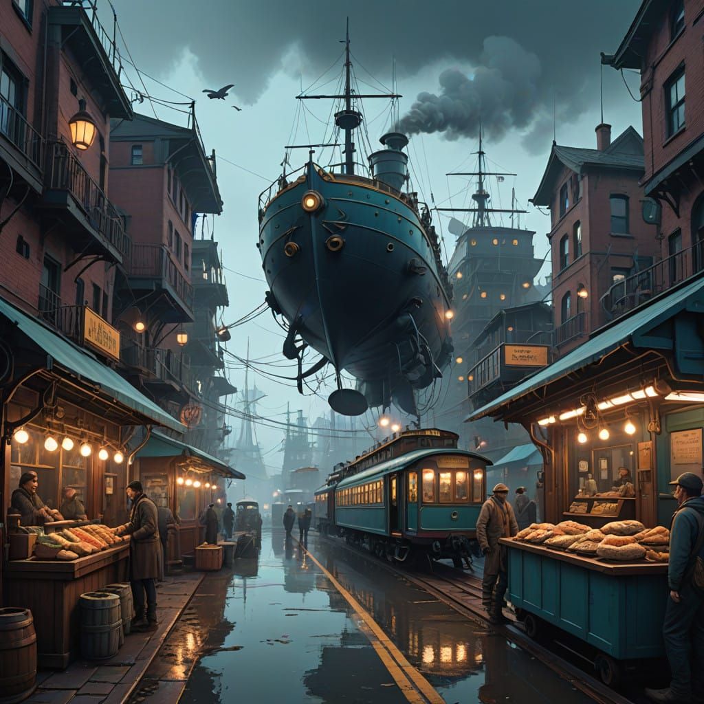 Steam-Powered Metropolis Docks District in Vibrant Color