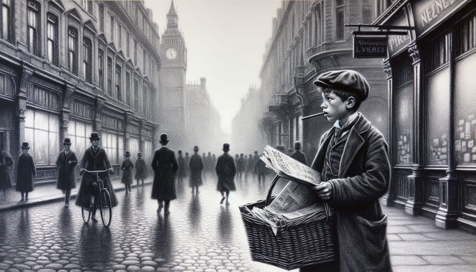 period specific 1890's black and white of London street scene showing newsboy on the corner