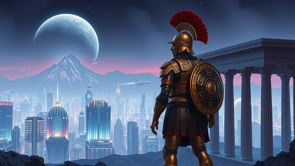 Greek Hoplite Guardian in Cyberpunk Cityscape of Alpha Centa...