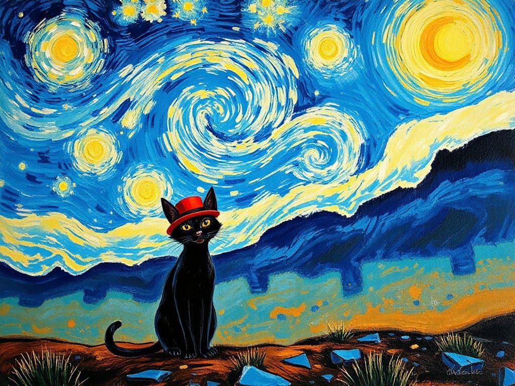 Black Cat in Red Hat: Van Gogh-inspired Starry Night