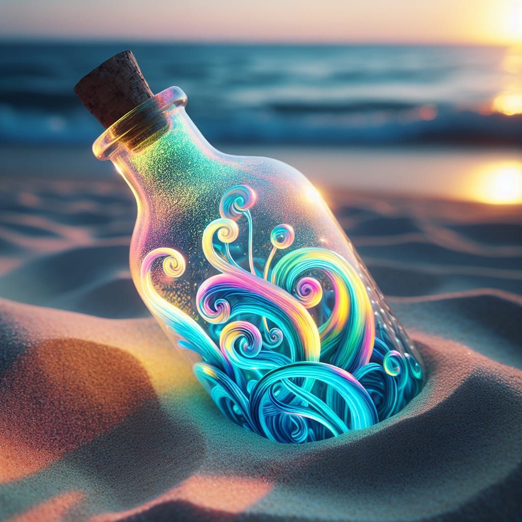 Glowing Neon Swirls in Glass Bottle on Beach