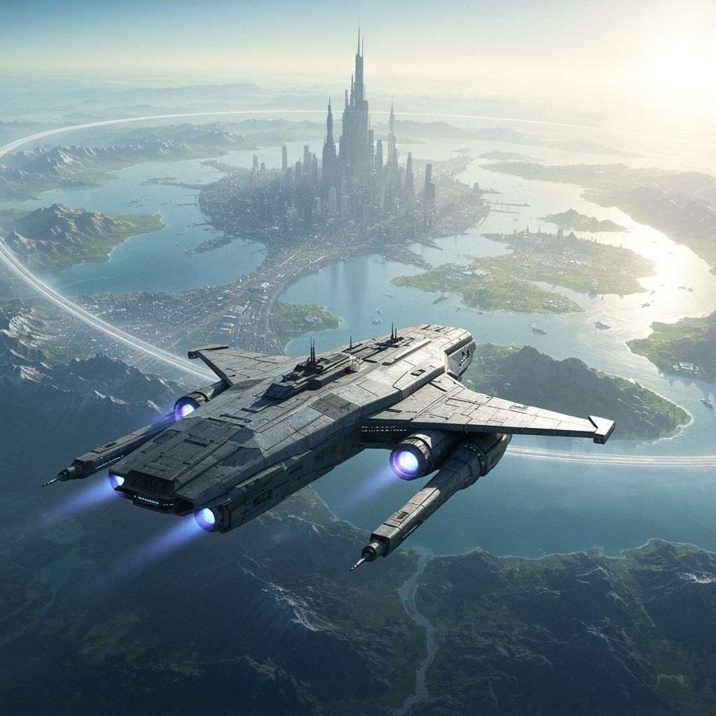 Starship Glides Silently Past Ringworld Megacities