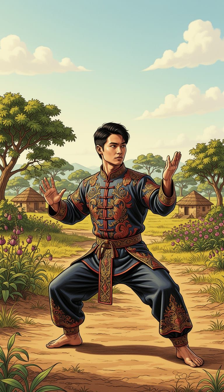 Man Practices Tai Chi in Detailed Indian Countryside