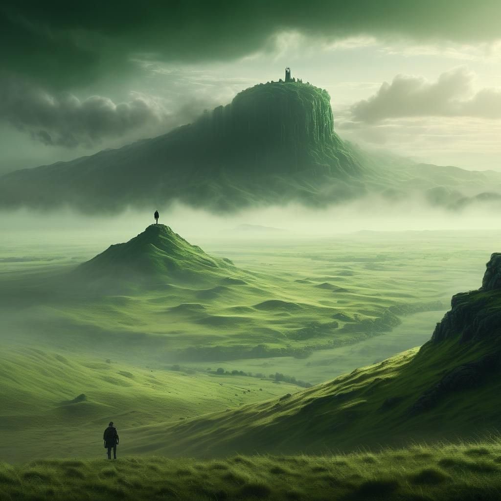 Epic Figure on Hill in Dreamlike Landscape