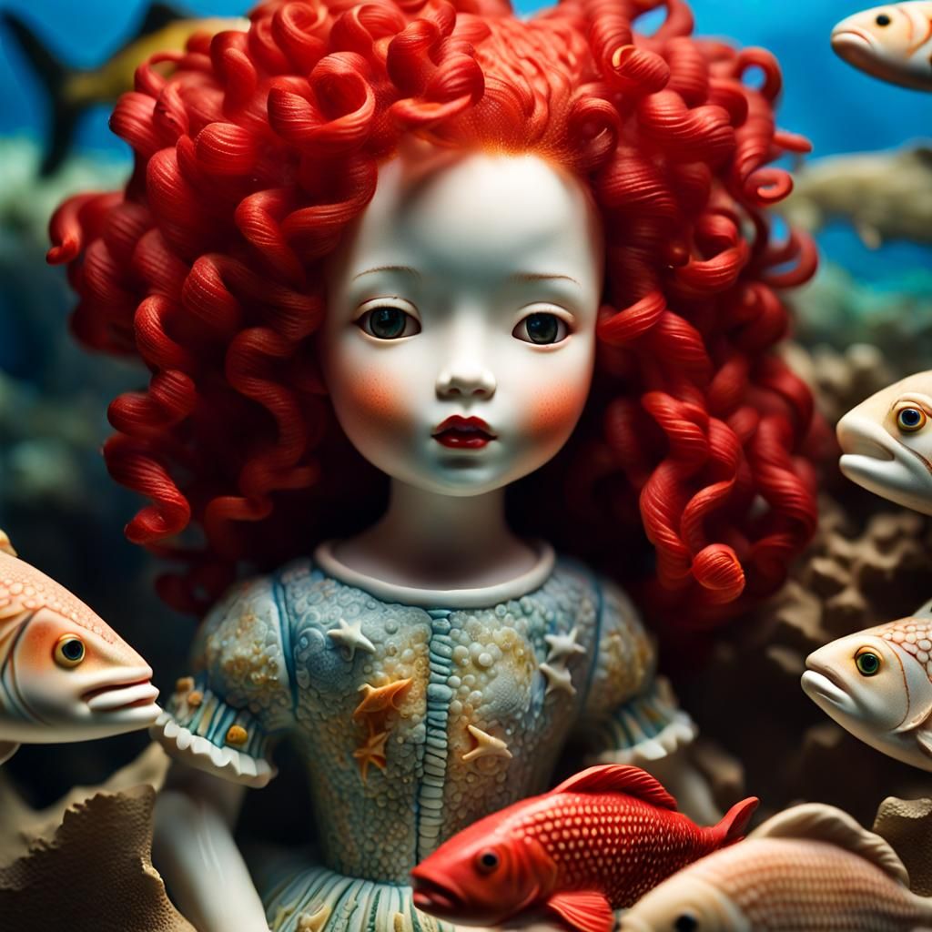Underwater Porcelain Doll with Red Hair