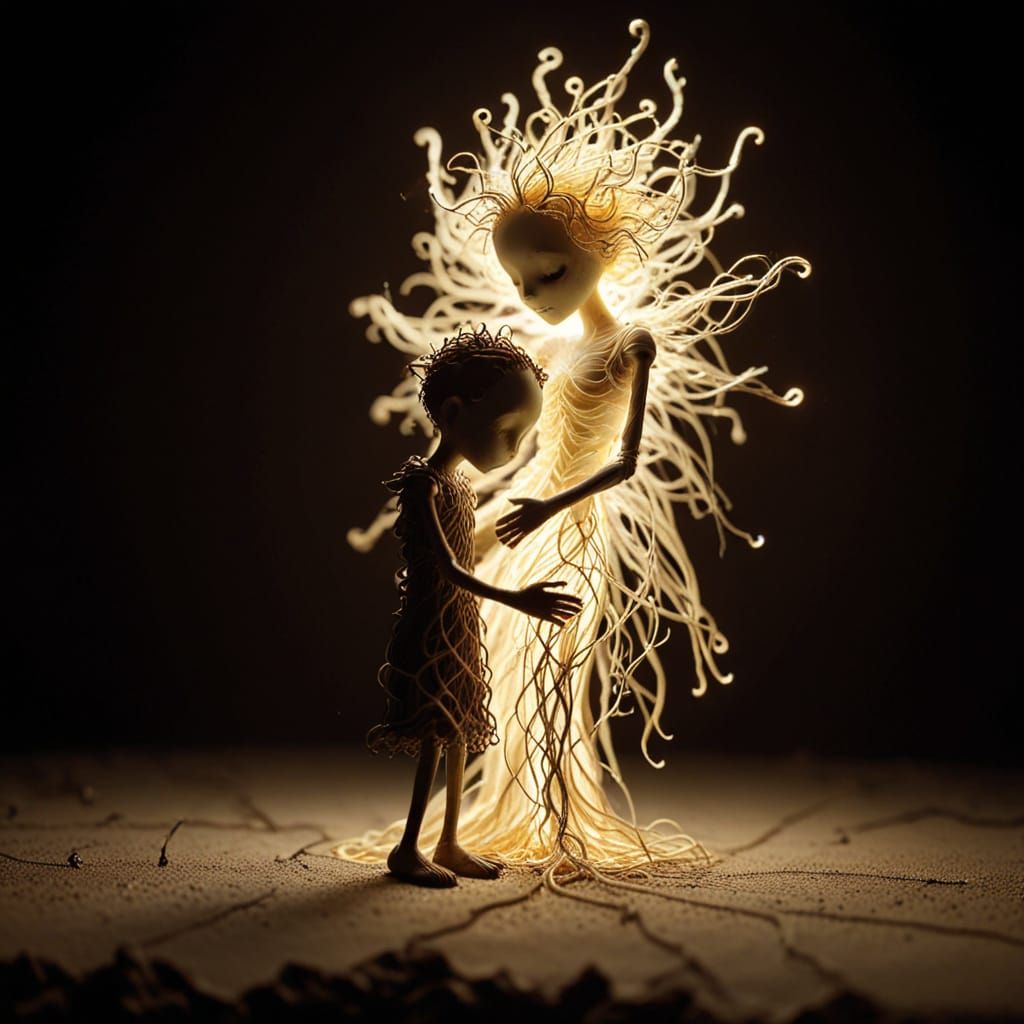 Light and Dark Embrace in Claymation Style