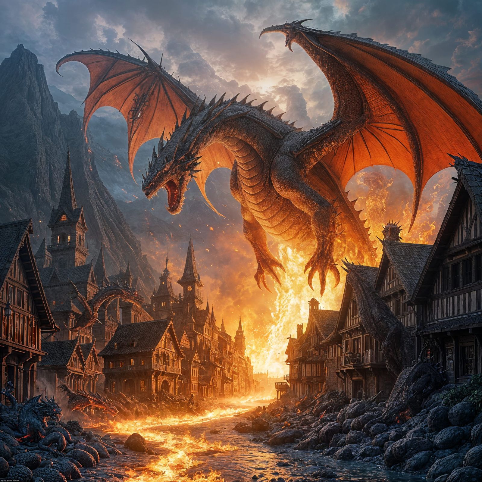 Fiery Dragon Destroys Medieval Town in Dark Fantasy Art