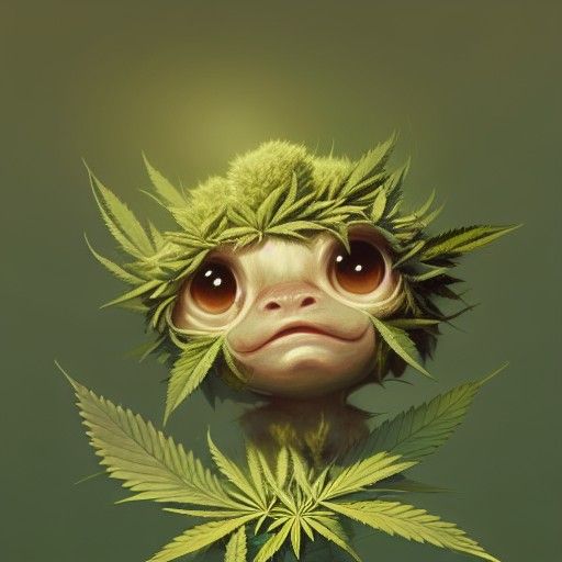 Cute Hemp Creature with Cannabis Bloom Head in Chibi Style
