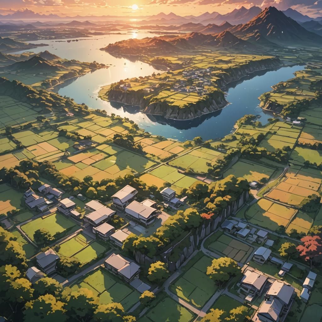 Sunset Landscape Drone View in Anime Style