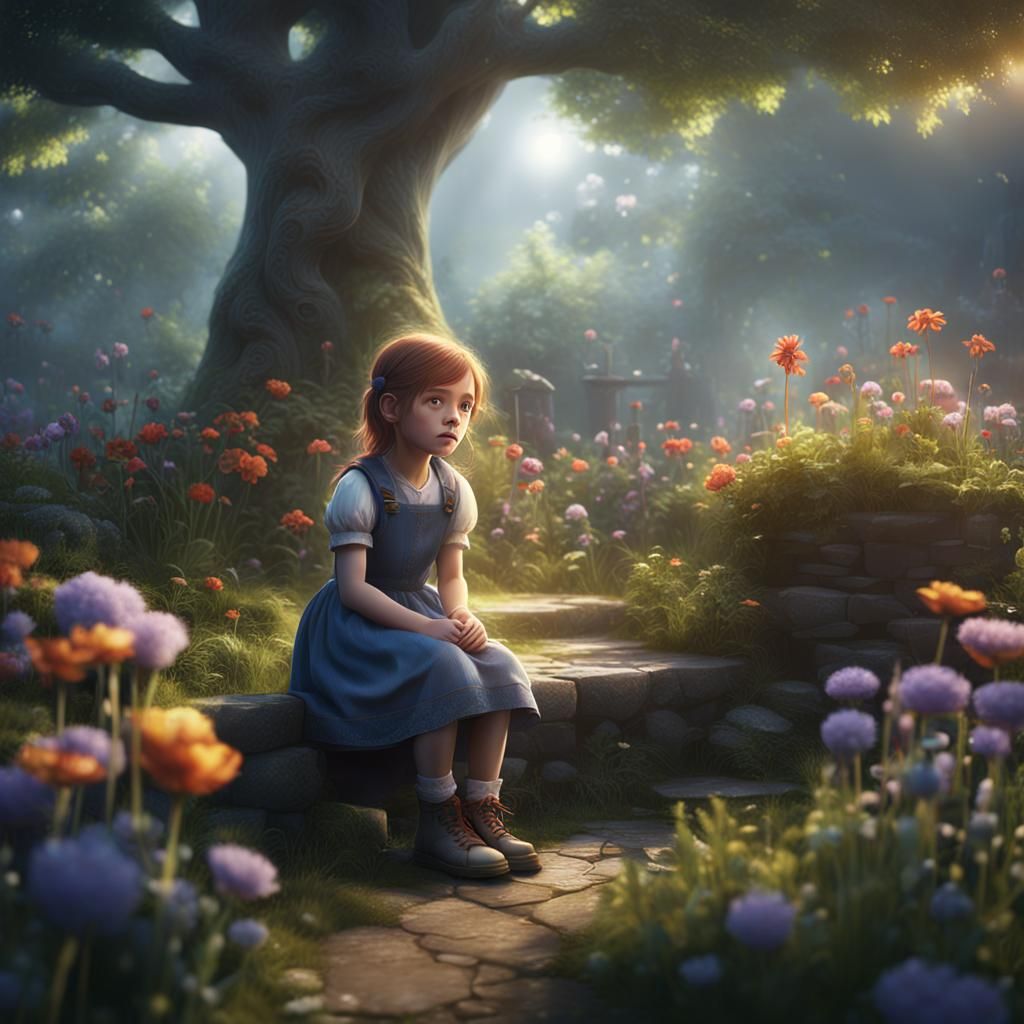 Sad Girl in Misty Garden: Detailed Matte Painting