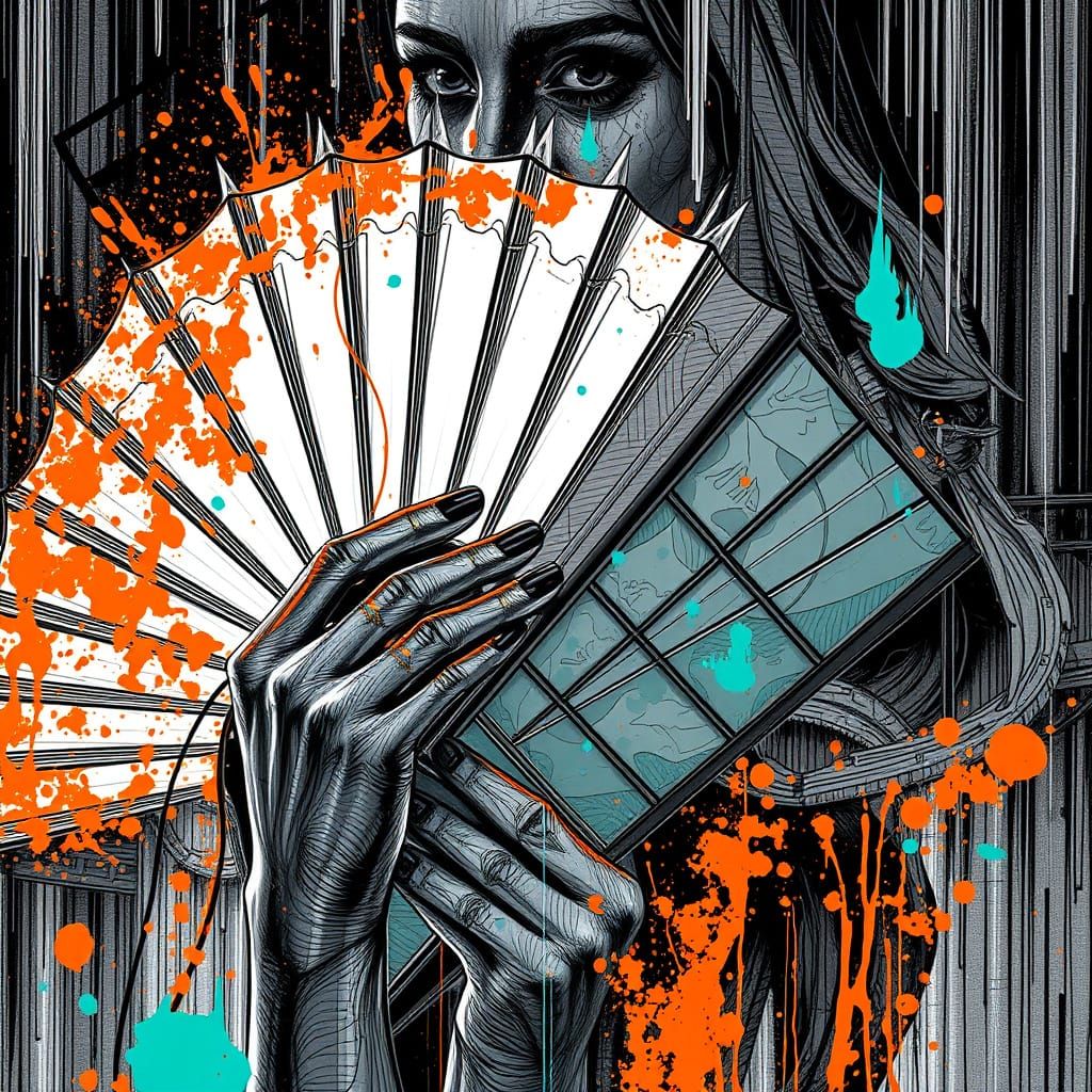 Woman Hides Behind a Fan in Triadic Colors