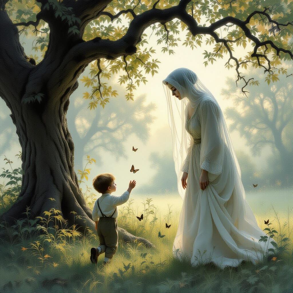 Ethereal Ghost Mother Watches Over Grandson in Park