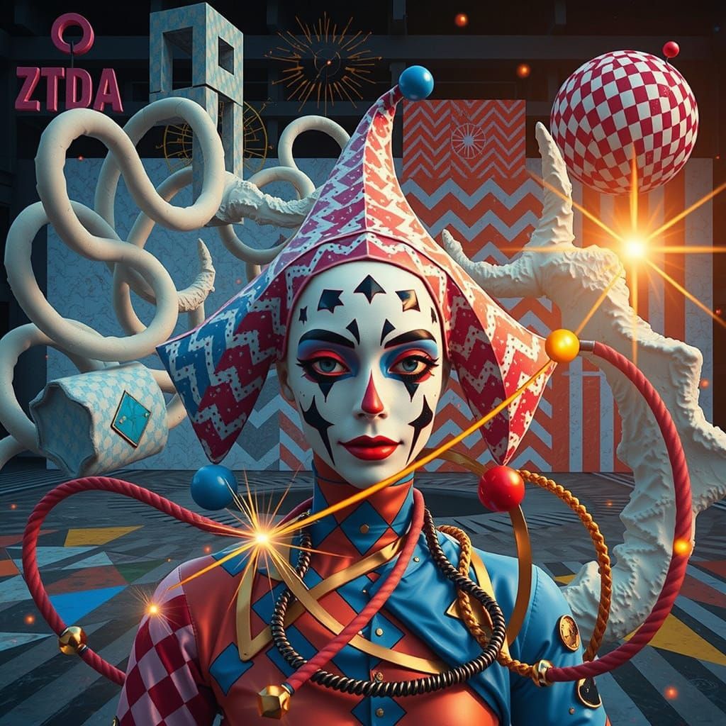 Harlequin Figure in Hypnotic Geometric Maze