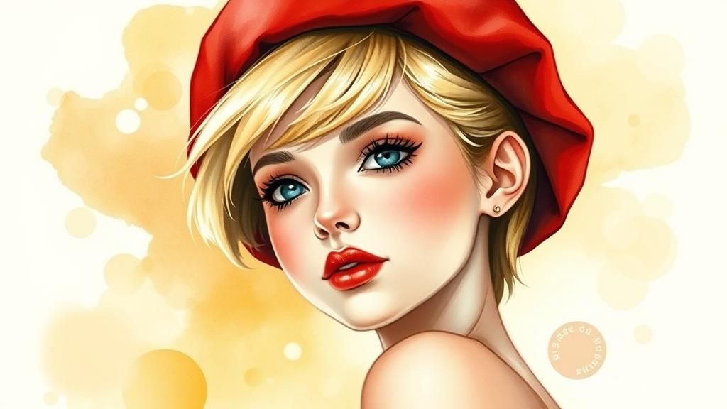 Blonde Girl in Red Beret: Art Nouveau Portrait