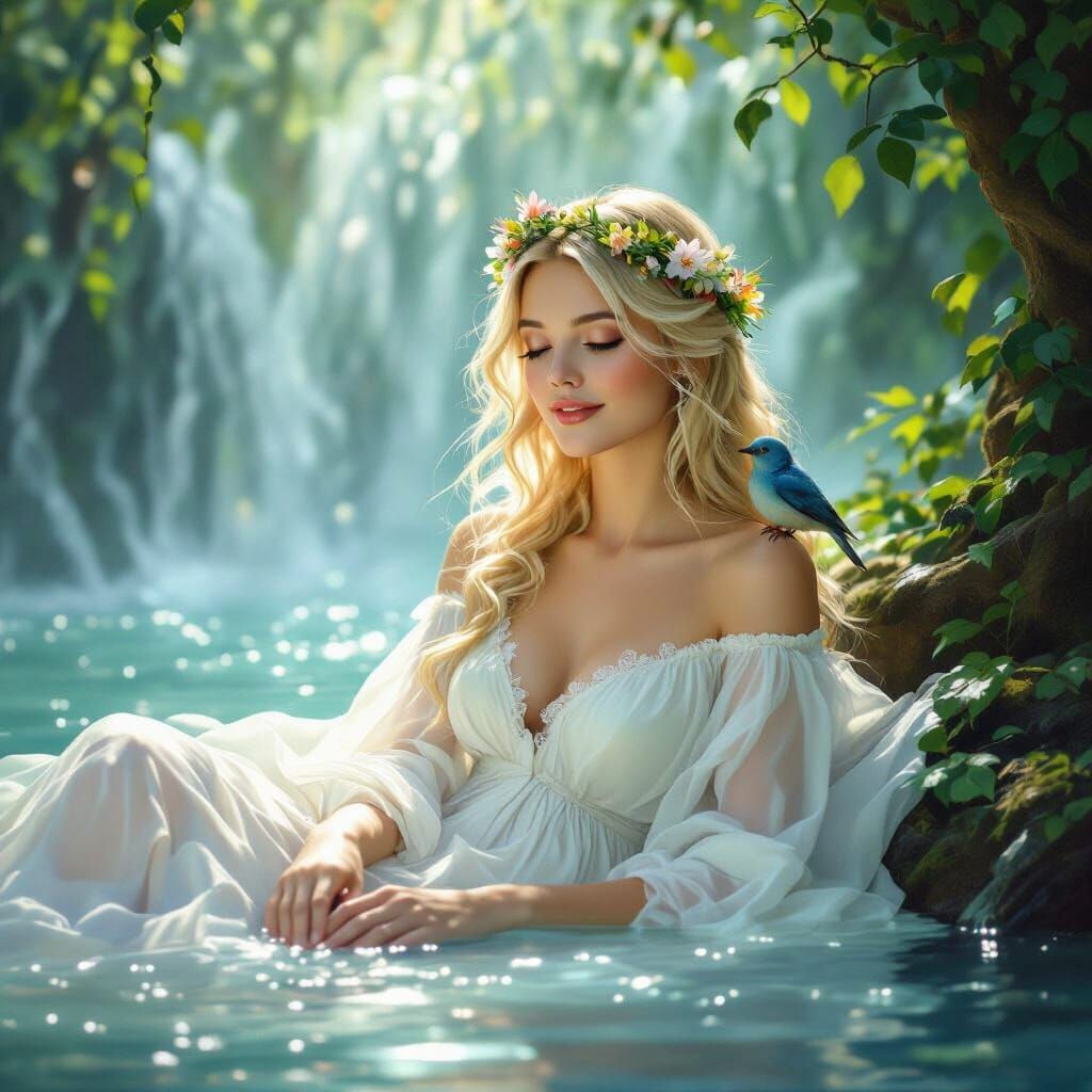 Serene Blonde Woman in Waterfall, Inspired by Pre-Raphaelite...