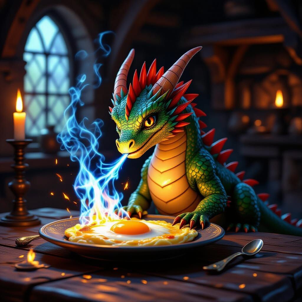 Miniature Dragon Cooks Fiery Omelette in Fantasy Tavern