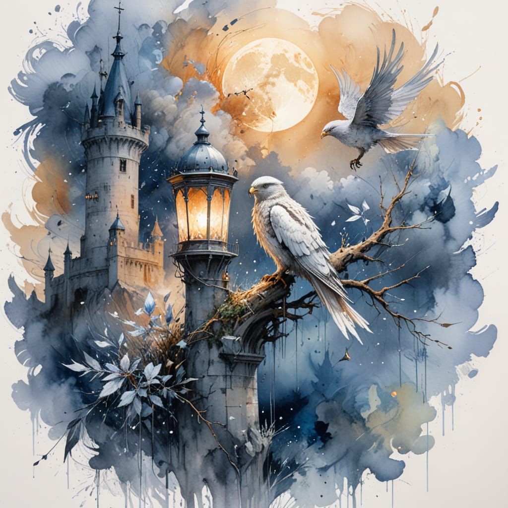 Silver Hawk Guardian: Watercolour on Ancient Tower