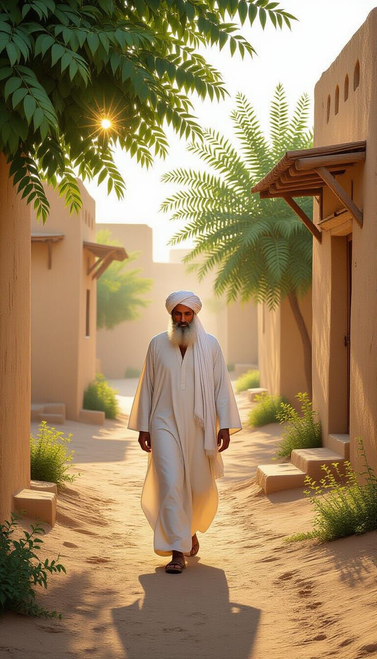 Islamic Village Scene with Darwesh in Soft Sunlight