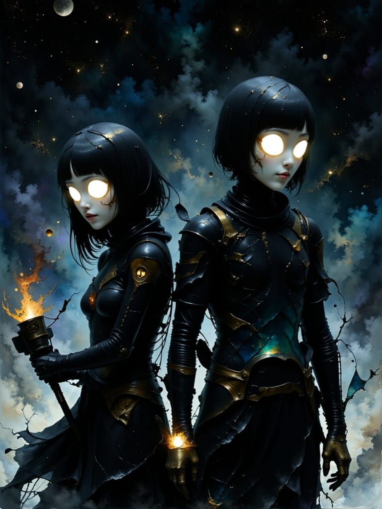 Figures in Silhouette with Glowing Eyes, Anime Style