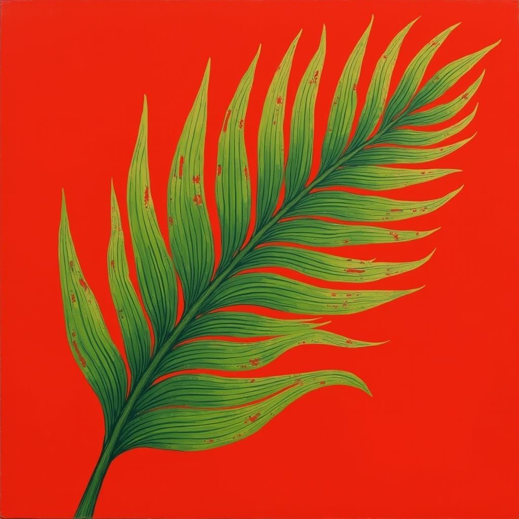 Vibrant Palm Frond Against Bold Red Background