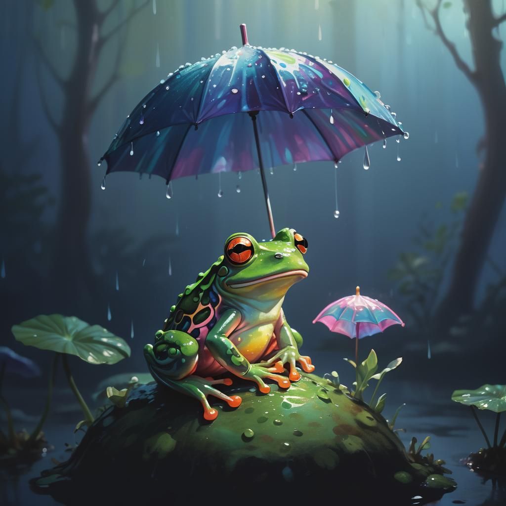 Magical Frog with Umbrella: Gouache Illustration