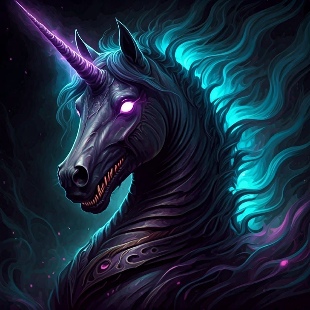 Dark Bioluminescent Unicorn in Hyperrealism Watercolor
