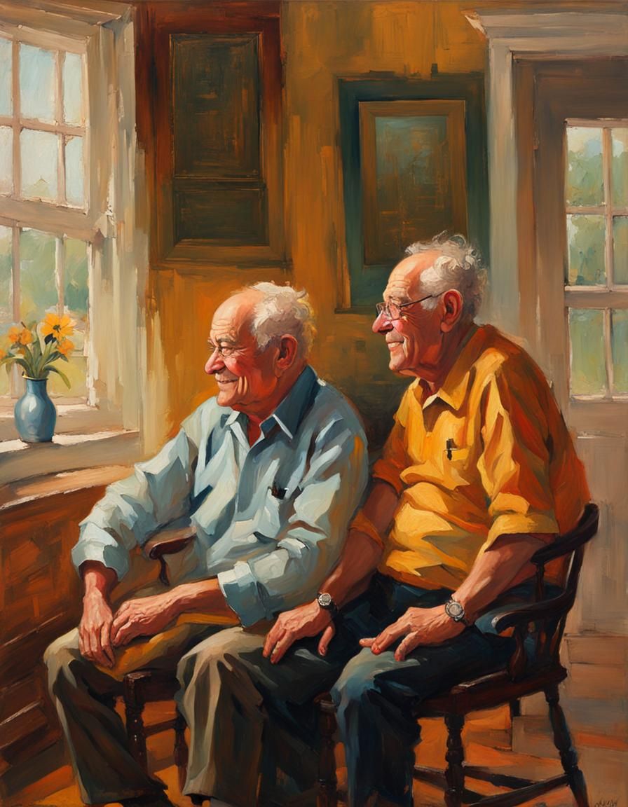 Happy Elderly Gay Couple: Oil Painting in Abstract Style